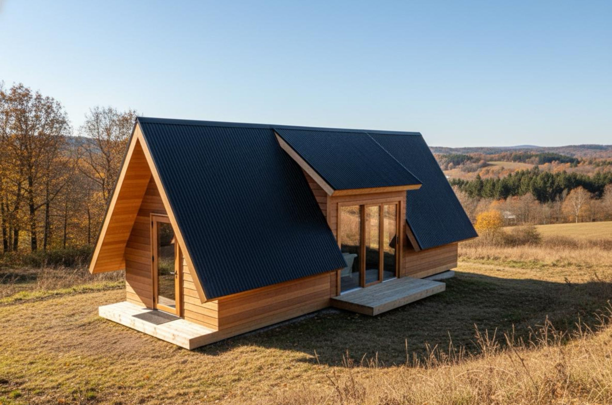 Wooden cabin with a dark roof in a rural landscape